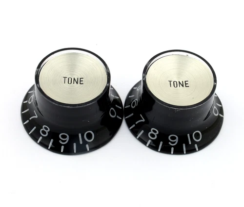 2 BLACK Bell TONE Top Hat KNOBS LIGHT GOLD Reflectors for Import Guitars Coarse