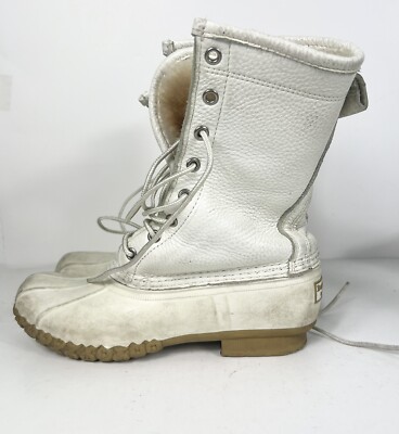 RARE! LL BEAN Women's 10'' Duck Boots Shearling-Lined Lace Up 7 M White 230121