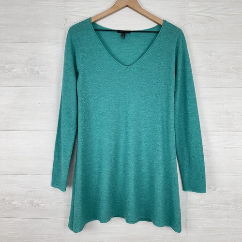 Eileen Fisher Women Size XS V Neck Tunic Top Knit Lightweight Sweater Green