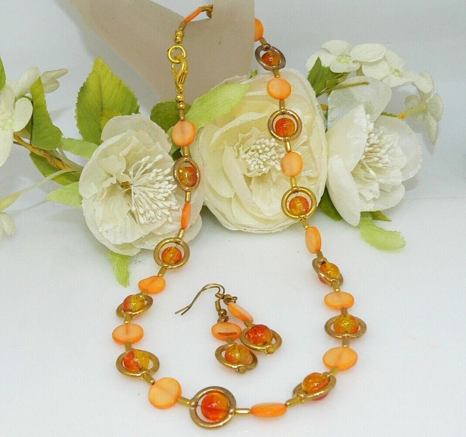 Schmuckset Kette Ohrring Perlmutt Muschel Glas Perle crash Orange gold 297f - Bild 4 von 4