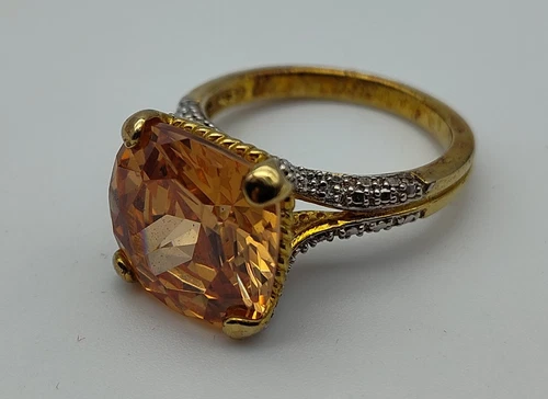 Vtg Chunky Orange/Gold Faceted Stone Sterling Vermeil 925 Cocktail Ring Size 9