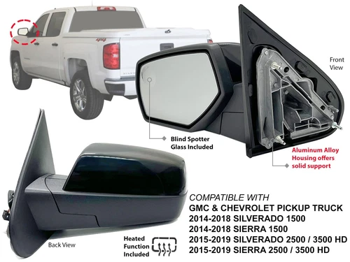 Door Mirror for 2014-2019 GM Pickup Truck Power Heated PTM Black Cap Driver Side