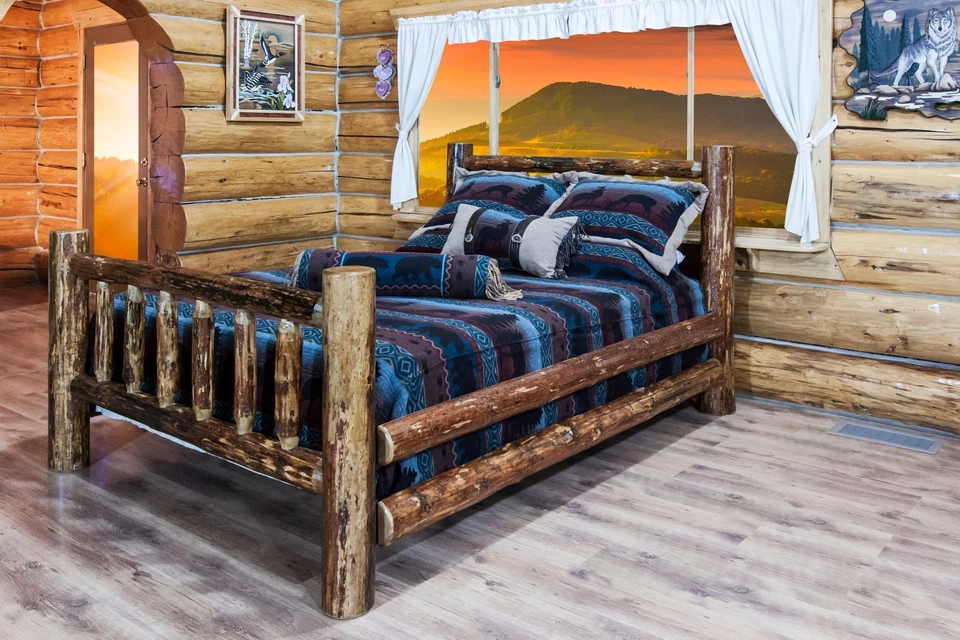 Cama de troncos tamaño reina hecha por Amish camas de pino macizo muebles de cabina rústicos Foto 4 de 4