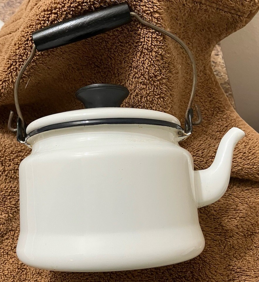 Vintage White Enamel Tea Coffee Pot Kettle With Black Hardware Handle