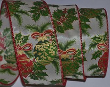 Wired Ribbon Christmas Tree Ornament Holly Pine Holiday Gold Sparkle 2.5" Bow