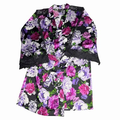 Victoria s Secret Floral Satin Robe Lace Trim Black Pink Purple Wrap M/L