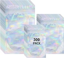 300 Packs Mylar Bags, 3 Sizes Smell Proof Bag Resealable Mylar Bags for Food Sto