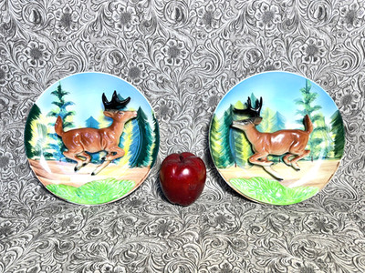 RARE Mid Century Geo Lefton Deer Stag Buck Plates 3D Relief HTF MCM 8'' 60322