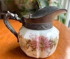 Antique  Hand Painted Milk Glass Syrup Pitcher;  4"; No Chips, Cracks (171)