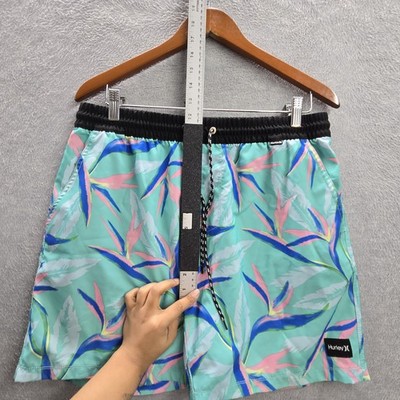 Hurley Men Swimwear L Teal Swim Trunks Floral Board Shorts Button