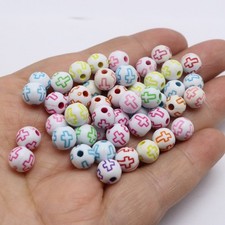 200pcs Cross Beads 8mm Mixed Color Acrylic Round Beads with Cross for Jewelry