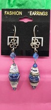 Blue White Paper Bead Dangle/Drop Earrings Te...