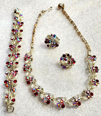 Lisner Vintage Red and AB Rhinestone Parure - Necklace Bracelet and Earrings Set