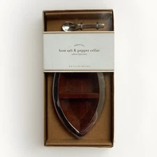 Pottery Barn Boat Salt & Pepper Cellar Tabletop Wood Metal In Box Set Spoon Row
