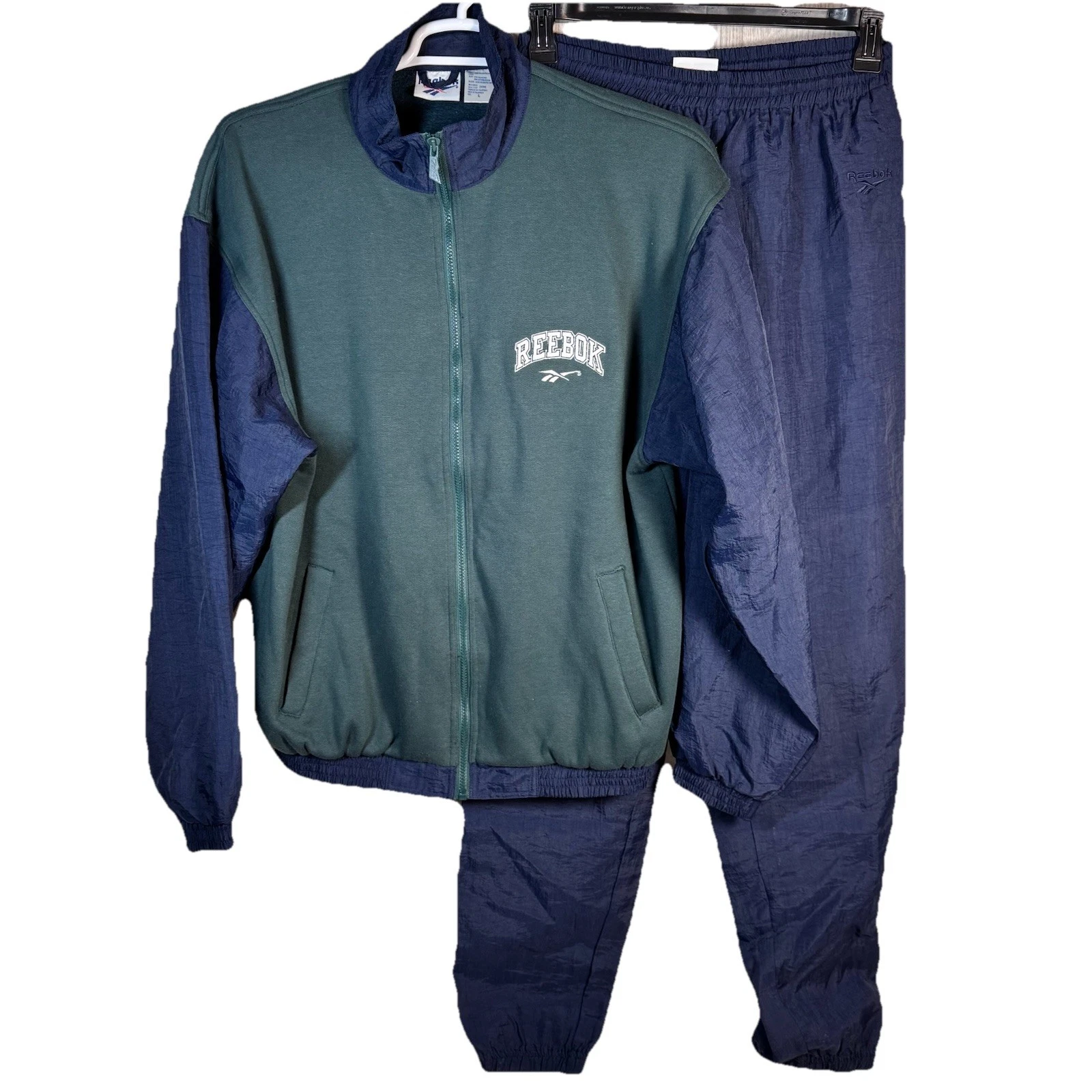 Vintage Reebok Track Suit Blue & Green Windbreaker and Pants Fleece & Nylon
