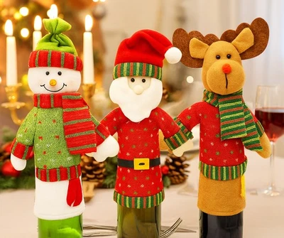 YOUR HOME ONLINE Set of 3 Christmas Wine Bottle Covers Secret Santa Xmas Holiday Snowman Reindeer