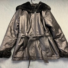 Wilsons Leather Women's Jacket Size M Black Hooded Faux Fur Trim Belted Coat