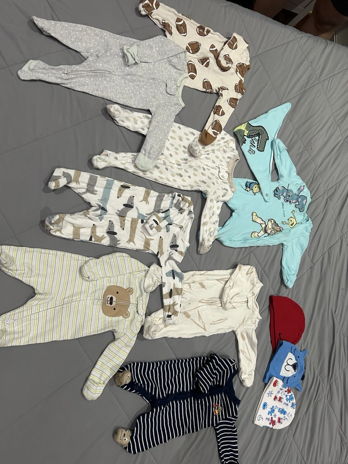 Newborn Baby Boy Sleep Clothing, Hats and matching bib Lot - 8 Pcs
