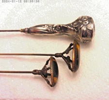 Antique Long Hat Pins Lot Victorian & Art Deco Silver Plate & Brass w/Tiger Eye