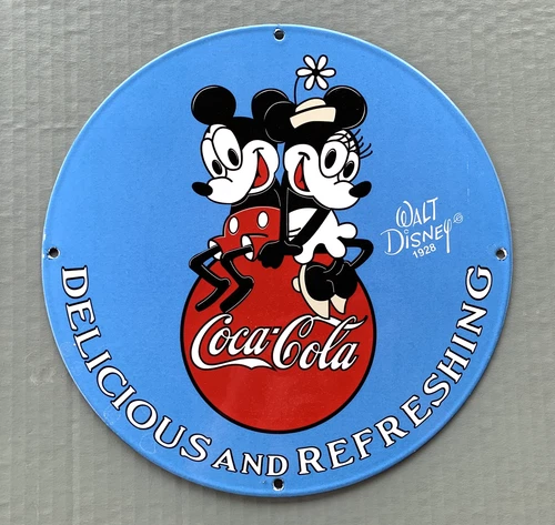 VINTAGE 12" COCA-COLA MICKEY & MINNIE MOUSE OIL COKE SODA POP PORCELAIN GAS SIGN