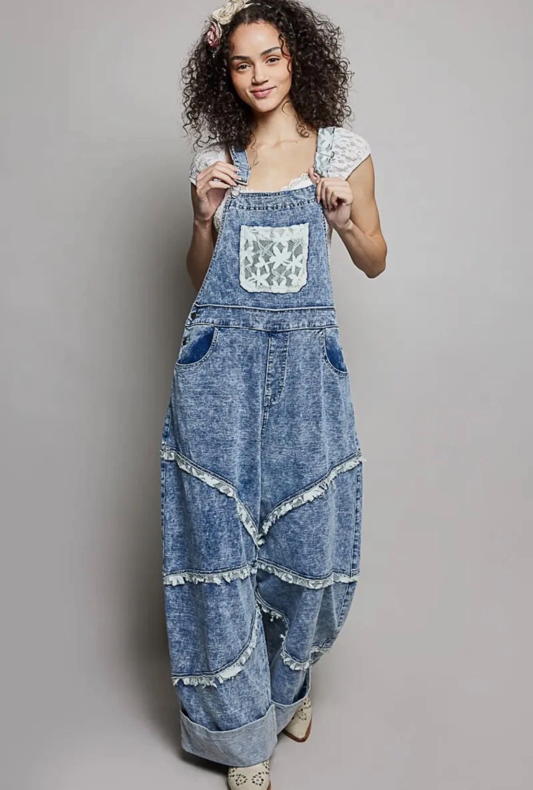 POL LACE FRAYED DENIM OVERALLS SZ SM MED LG PRESALE