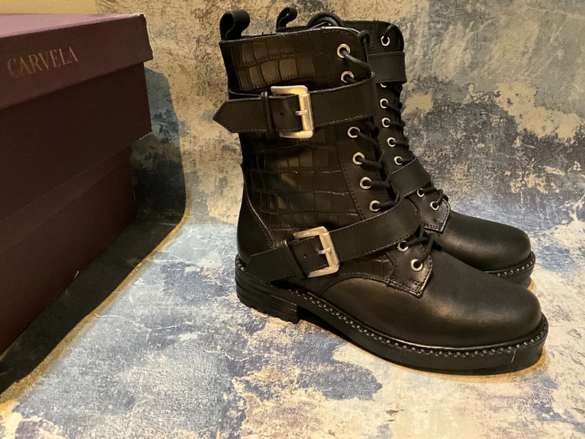 CARVELA BLACK LEATHER SYNTHETIC BUCKLE LACE MID BOOTS UK SIZE 4 RRP 149