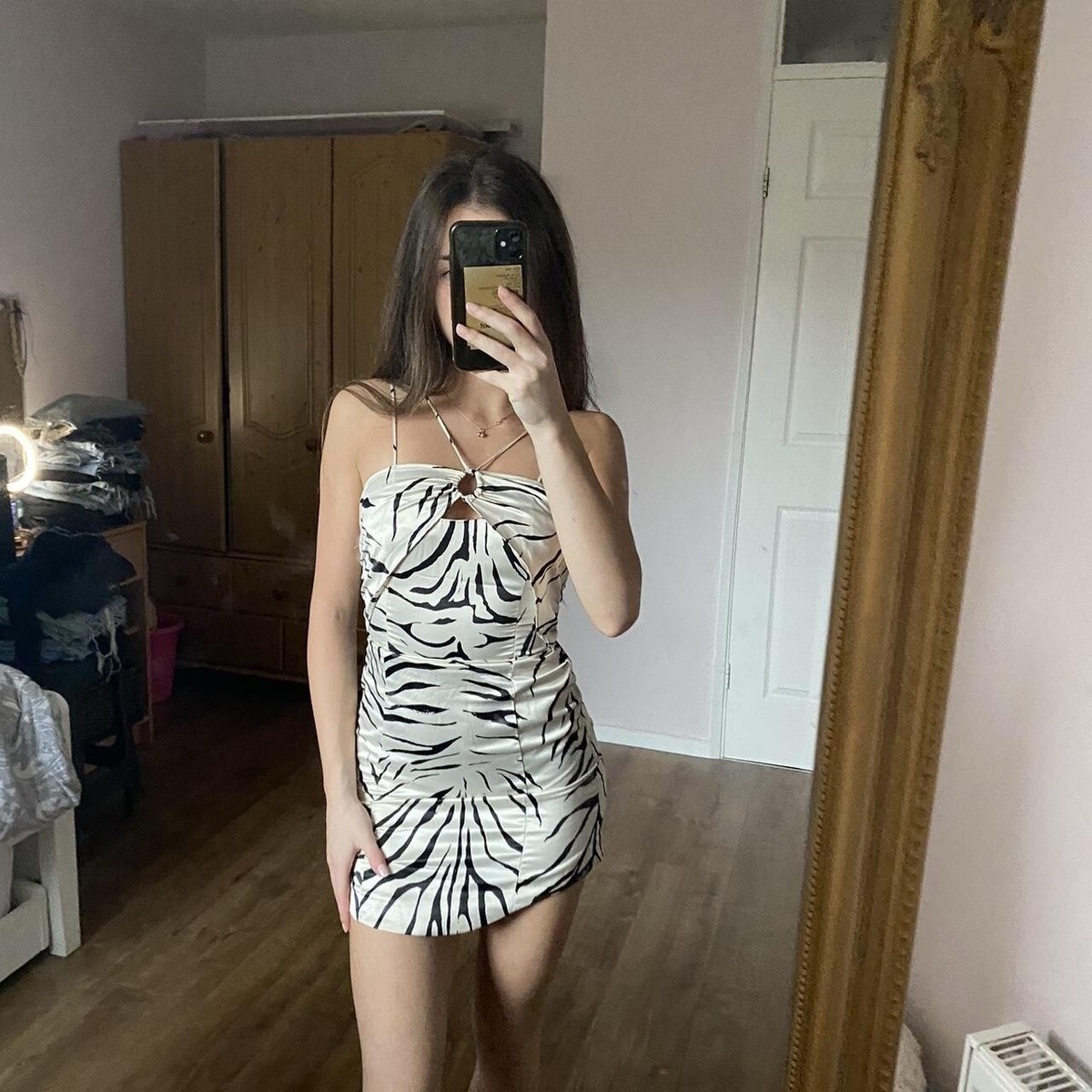 Zara Womans Mini Dress Zebra Animal Print Ecru Ivory Black