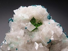 Dioptase on Calcite Crystals, Tsumeb Mine, Namibia 