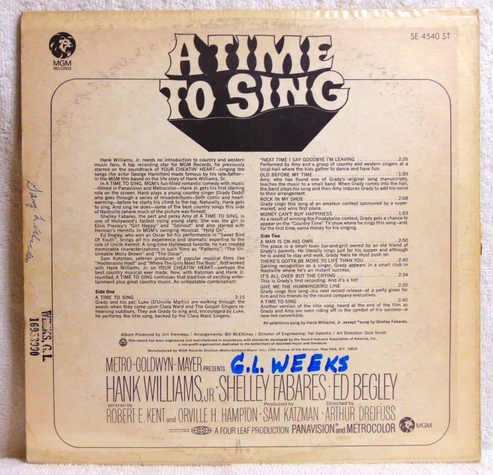 Hank Williams, Jr.– A Time To Sing - 1968 MGM Records SE-4540 ST Vinyl LP - VG+ - Image 2 of 4