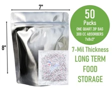 (50PC) 1 Gallon Mylar Bags Stand Up 14Mil Gusset Zip Seal+500CC Oxygen Absorbers