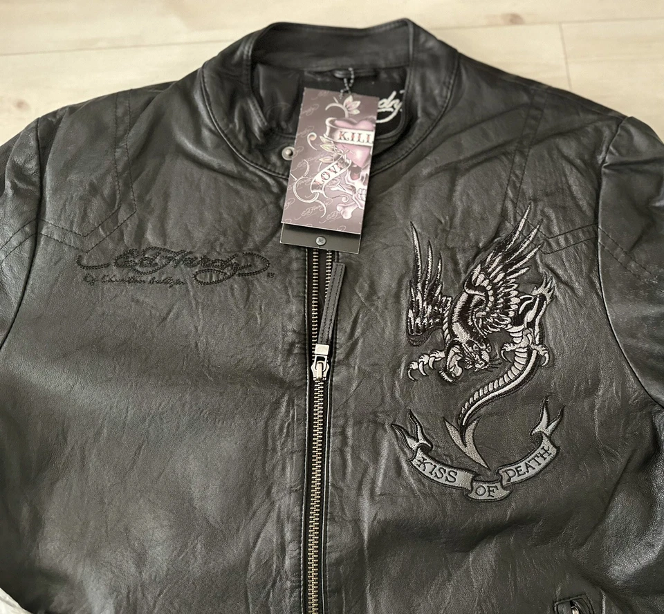 Auténtica RARA Chaqueta de Motociclista de Cuero Bordado Ed Hardy Vintage XL Foto 4 de 4