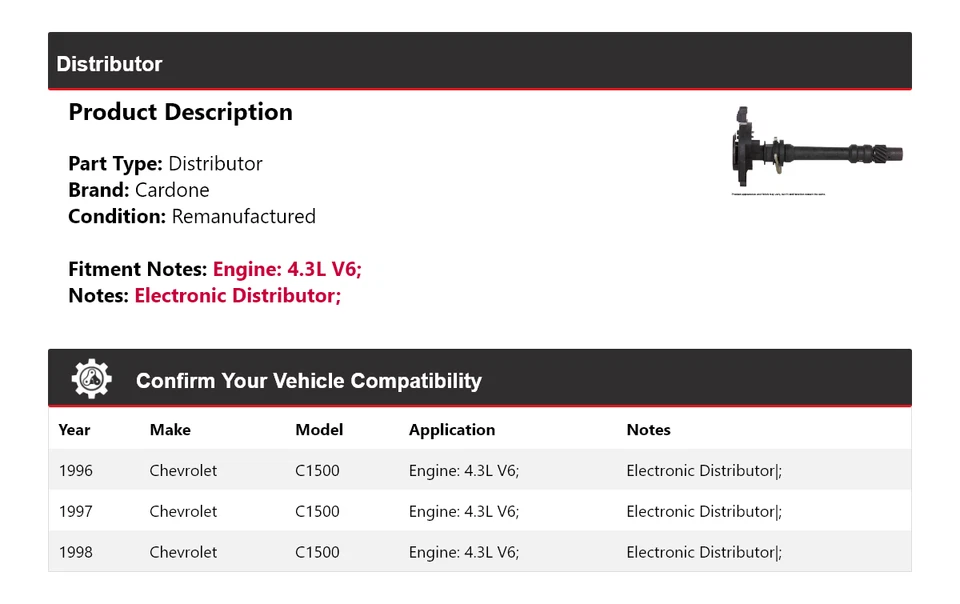 Chevrolet C1500 1996-1998 4,3 L V6 distribuidor Cardone 1997 Foto 2 de 4
