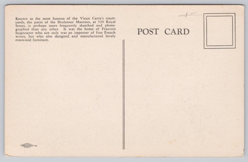 Postcard Brulatour Courtyard 520 Royal St New Orleans Louisiana Drawling - Picture 2 of 2