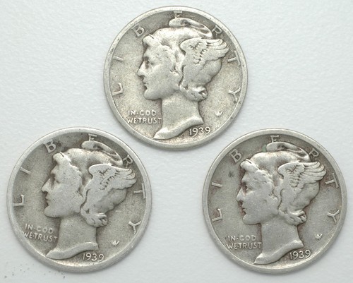 1939-P-D-S Winged Liberty Mercury 90% Silver dimes mint year set of 3 coins