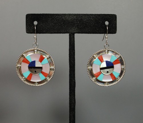 Zuni Inlay turquoise Coral Dangle EARRINGS lapis Sun face Leavus Ahiyite - Picture 5 of 6