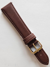 22mm / Long - Classic Style Brown Leather Watch Band - Gold Buckle / Pins