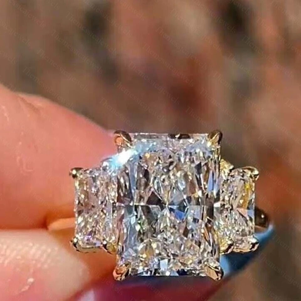 10x8mm Radiant Cut Moissanite Three Stone Engagement Ring 14k Yellow Gold Plated - Image 3 of 4