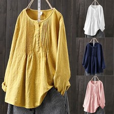 Women's Cotton Linen Long Sleeve T-Shirt Tops Ladies Casual Baggy Tunic Blouse