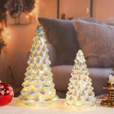 Mercury Glass Christmas Tree with Timer, Set of 2 Illuminated Silver Glass Trees