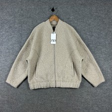 Zara Jacket Womens Small Beige Oversized Boucle Bomber Vloggers Coat Full Zip