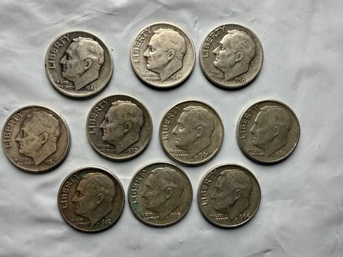 Lot of 10 Silver Roosevelt Dimes (various 1946-1964) - F-XF - From Silver Years