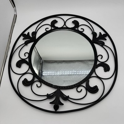 Round Black Wrought Iron Scroll Wall Mirror 24in Ornate Farmhouse Vintage Decor