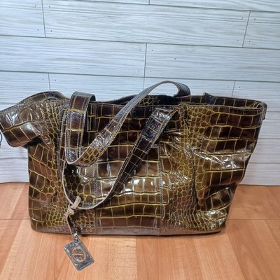 Francesco Biasia Tote Bag Womens Olive Brown Croc Embossed Patent