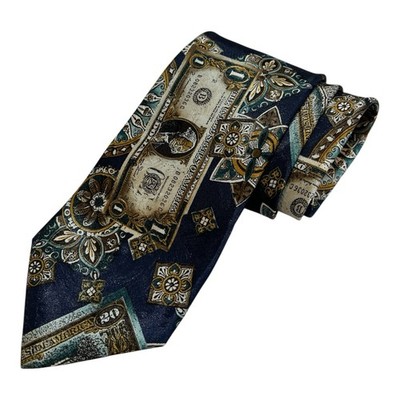 Camden Court Men s Silk Tie Navy Blue Money Dollar Bill Print Novelty Necktie