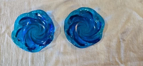 2-Fenton Blue Swirl Candy Trinket Dish Vintage Art Glass Heavy 8" Ashtray
