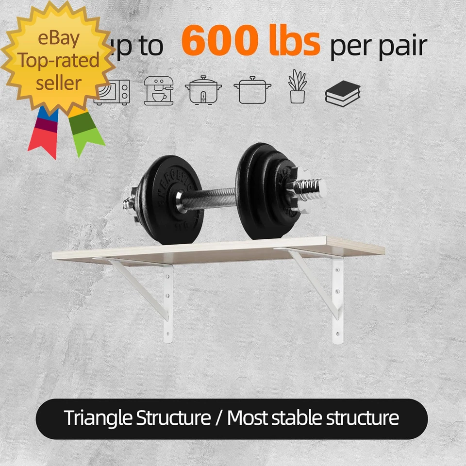 Suportes de prateleira resistentes de 12 x 8 polegadas, capacidade de carga: 600 lb, pacote com 10 metal branco - Imagem 3 de 4