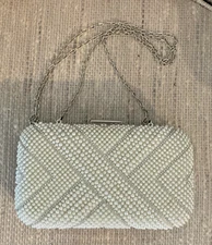 Elegant Beaded Pearl Rhinestone Clutch Holiday-Party, Silver  Frame Evening Bag