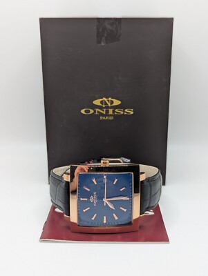 Oniss ON4444-MRGBK Mens Gold Case Black Leather Band Analog Wristwatch