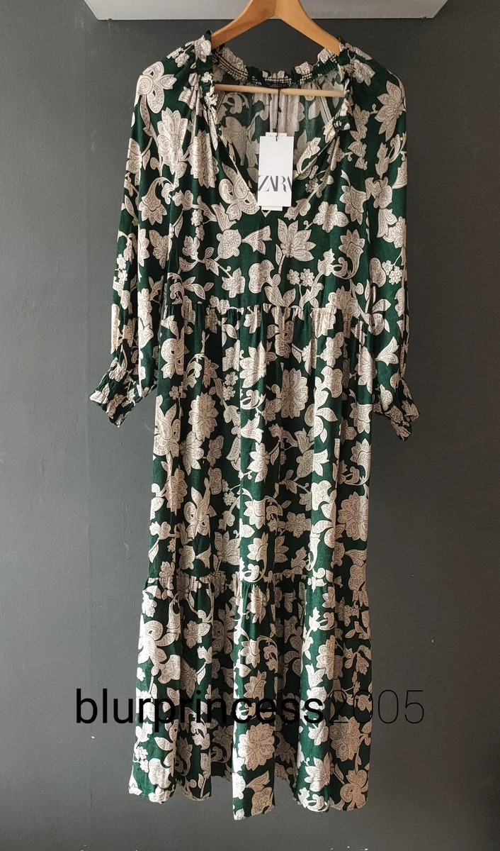 ZARA SS22 BOTTLE GREEN FLORAL PRINT OVERSIZE LONG DRESS XS S M L | eBay