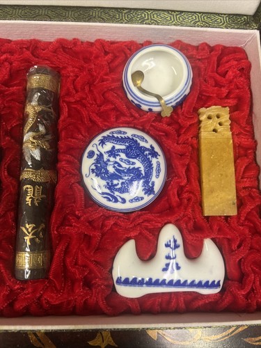 VTG Chinese Calligraphy & Name Stamp Burshes Set Old Writing Box Kit Complete - Afbeelding 2 van 4